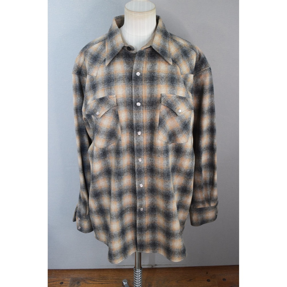 Pendleton Canyon Shirt Large Tan Grey Plaid Wool Pearl Snap Western Mens Flannel